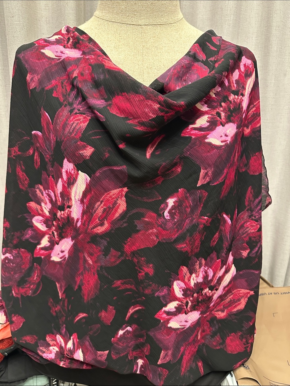 Lane Bryant Black Top with Burgundy Floral Print